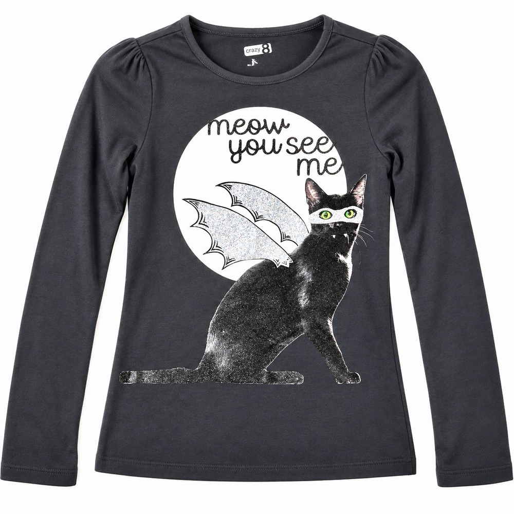 Crazy 8 Gymboree Halloween Black Cat Bat Glitter Long Sleeve Tee Girl Large NWT